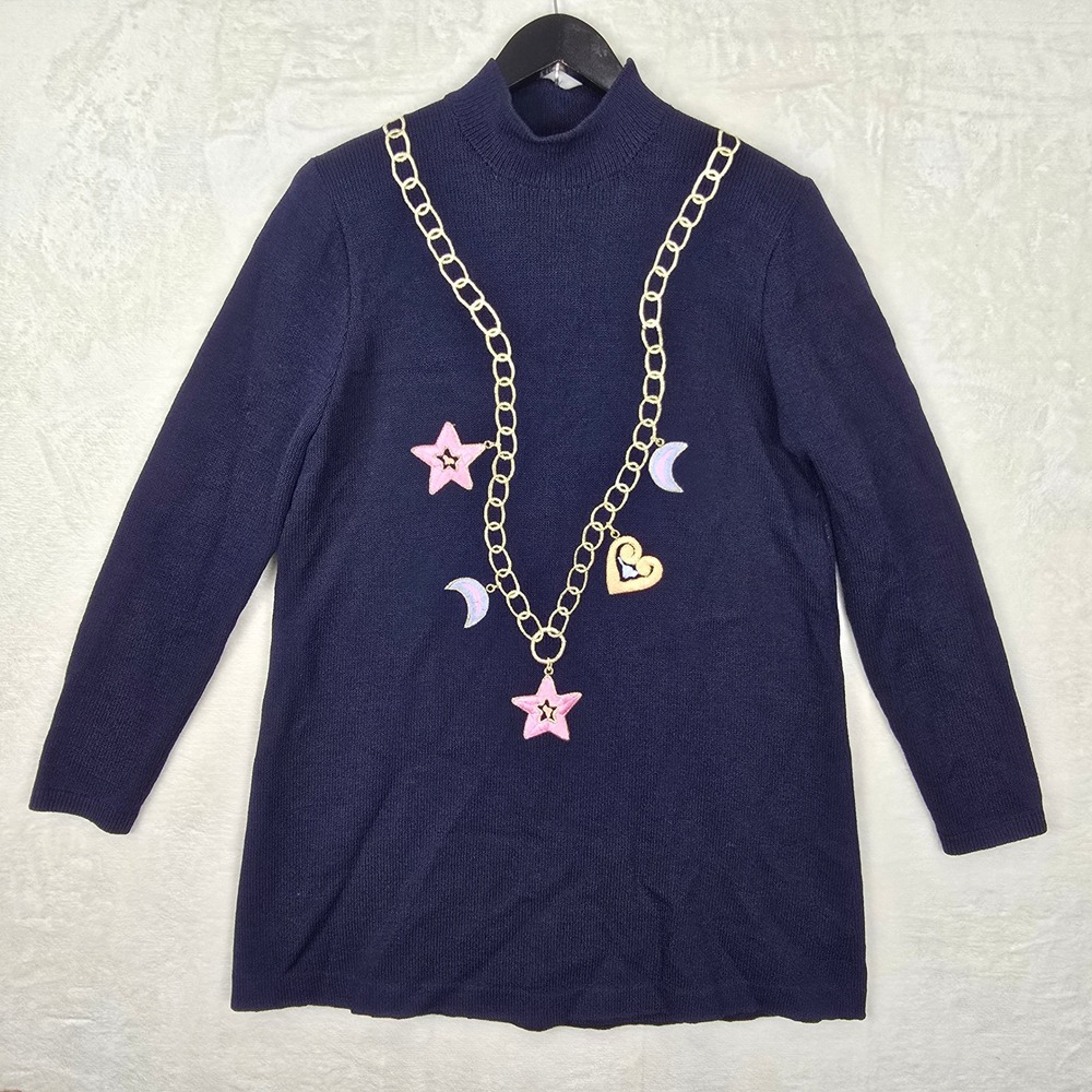 Vintage St. John Marie Gray Navy Knit Tunic Sweater Star Moon Chain Embroidery M